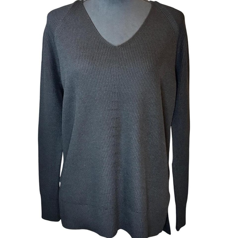 Athleta Hanover V-Neck Sweater Women Small Black Ribbed Merino Wool Blend - Picture 2 of 7